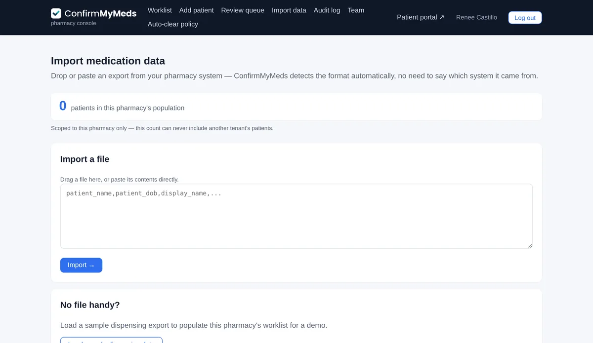 Import screen for a pharmacy dispensing export, format detected automatically