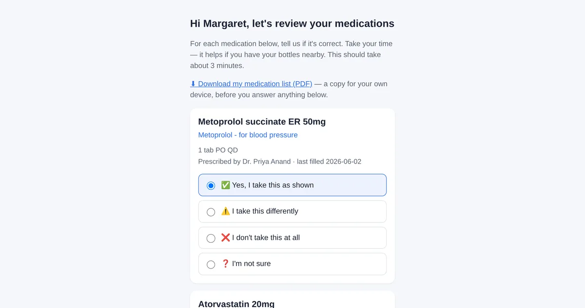 Patient's medication list, ready to review